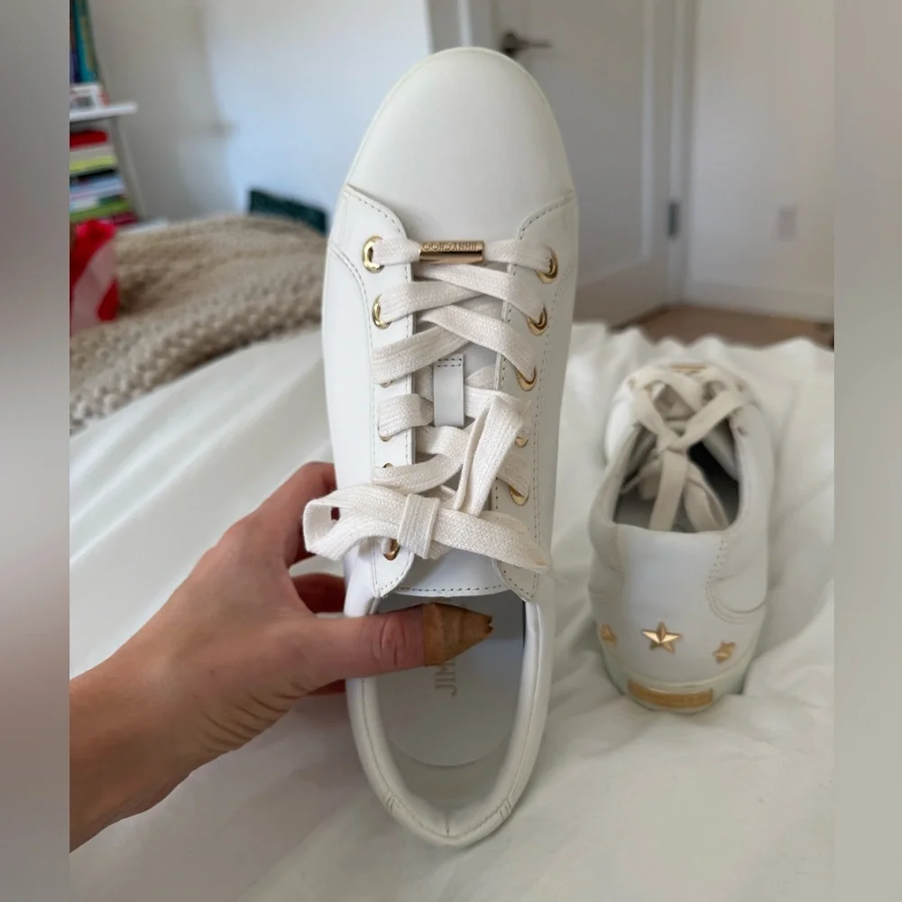NEW Jimmy Choo White and Star Studded Gold Leather Sneakers 41.5 / 10 US